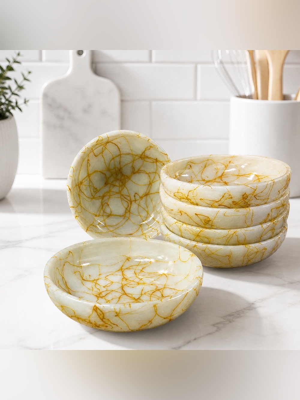 Hazel Atlas Gold Vein Milk Glass Bowls Set 6 Spaghetti Swirl MCM